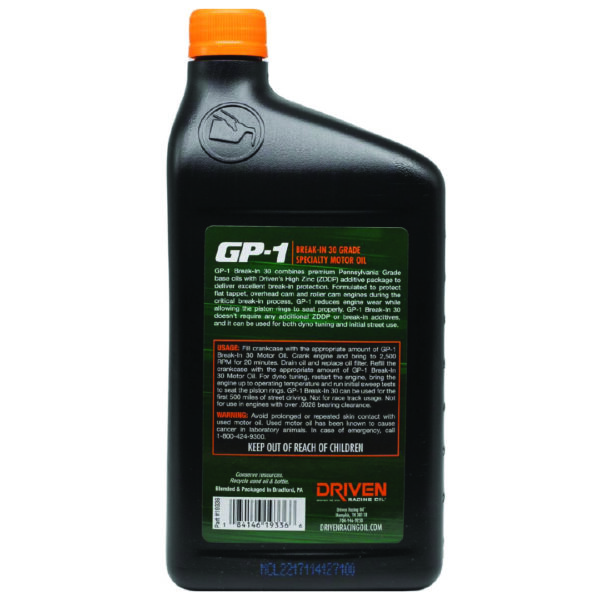 Driven Racing Oil 19366 GP-1 Break-In 30 Grade Synthetic Blend High Performance Motor Oil